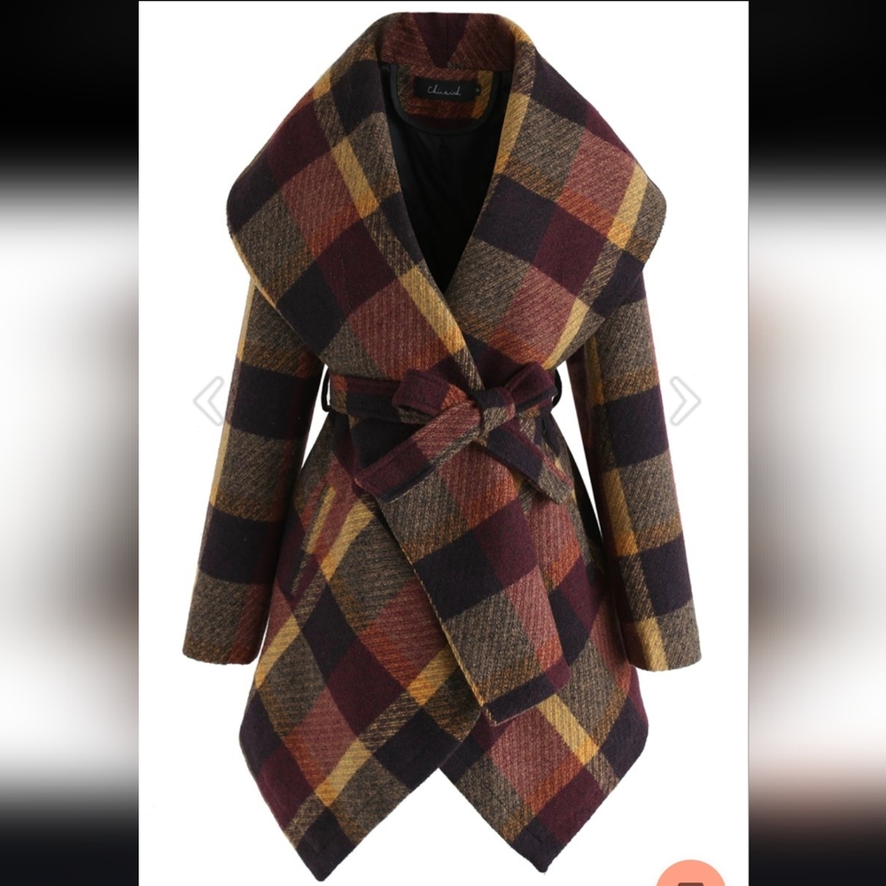 Chicwish Prairie Rabato Wrap Fall Coat Jacket Wool Burgundy/Mustard Yellow Plaid - Picture 4 of 14